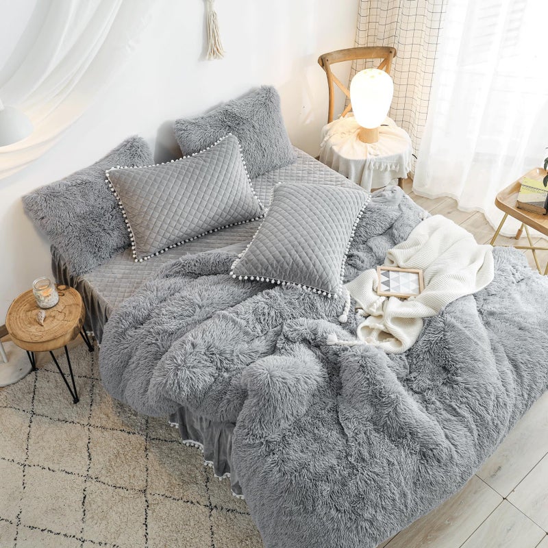 HAIHUA Furry Gray Comforter Cover Queen Set, Soft Fuzzy Faux Fur Gray Bedding Queen Set 3 Pieces (1 Fluffy Duvet Cover + 2 Plush Pillow Cases) Shaggy Bed Set, Zipper Closure - Image 3
